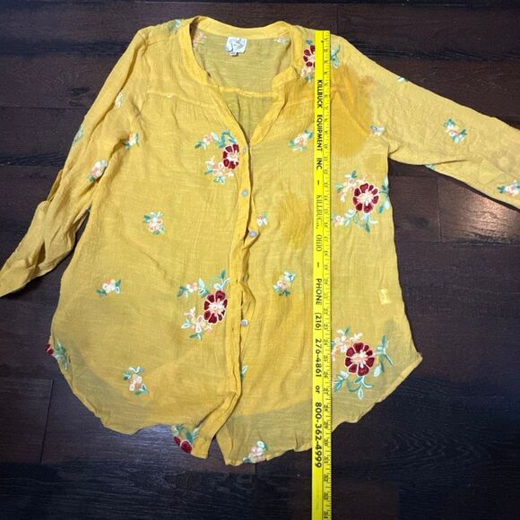 Fig and flower Anthropologie button up gauzy shirt size 2XL yellow embroidered f - Picture 9 of 11